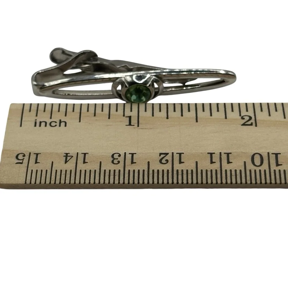 Swank Tie‎ Clip Bar Green Rhinestone Silver Tone Vintage Open Work Design Retro